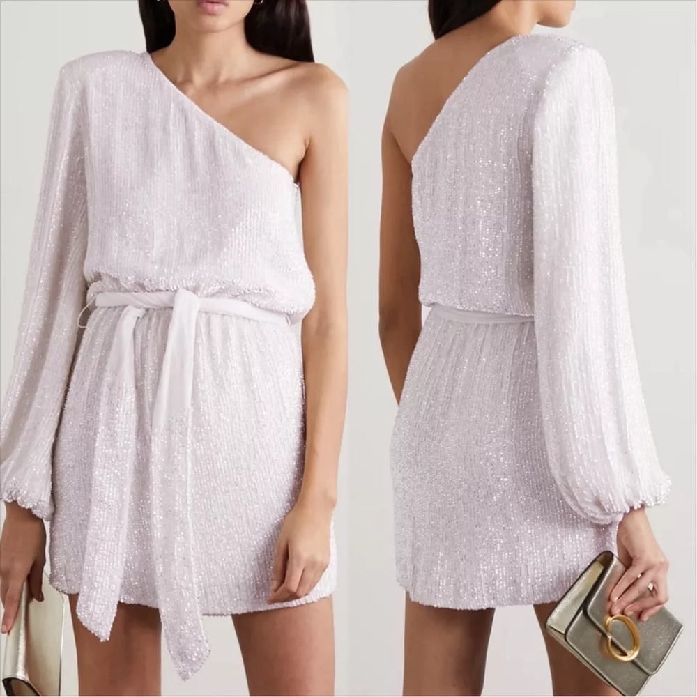 RETROFÊTE Bridgette one-shoulder velvet-trimmed sequined chiffon mini dress SZ S - Picture 6 of 6